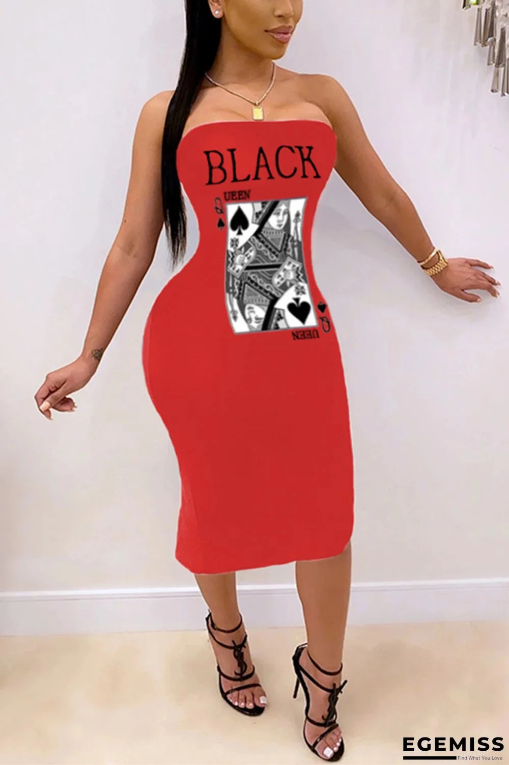 Red Fashion Sexy Casual Black Sleeveless Wrapped chest Hip skirt Mid-Calf Print Dresses | EGEMISS