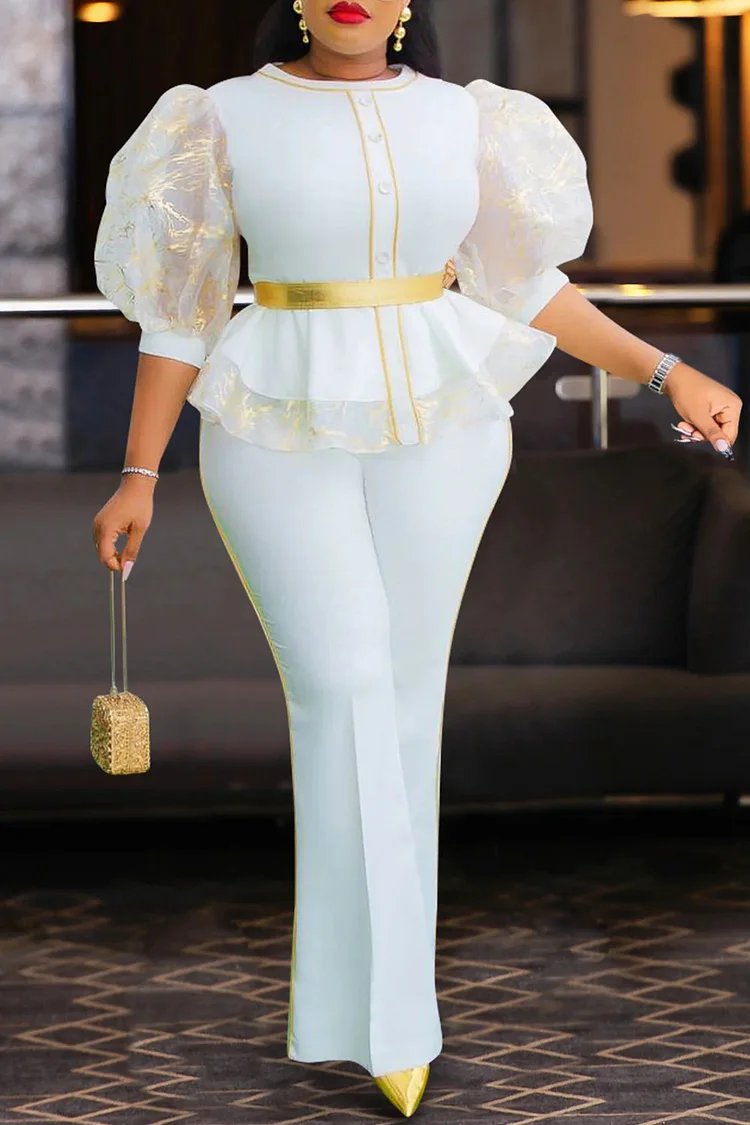 Plus Size Mother Of The Bride White Elegant Round Neck Puff Sleeve Half Sleeve Ruffle See Through Two Piece Pant Sets [Pre-Order] 2024 - Xpluswear