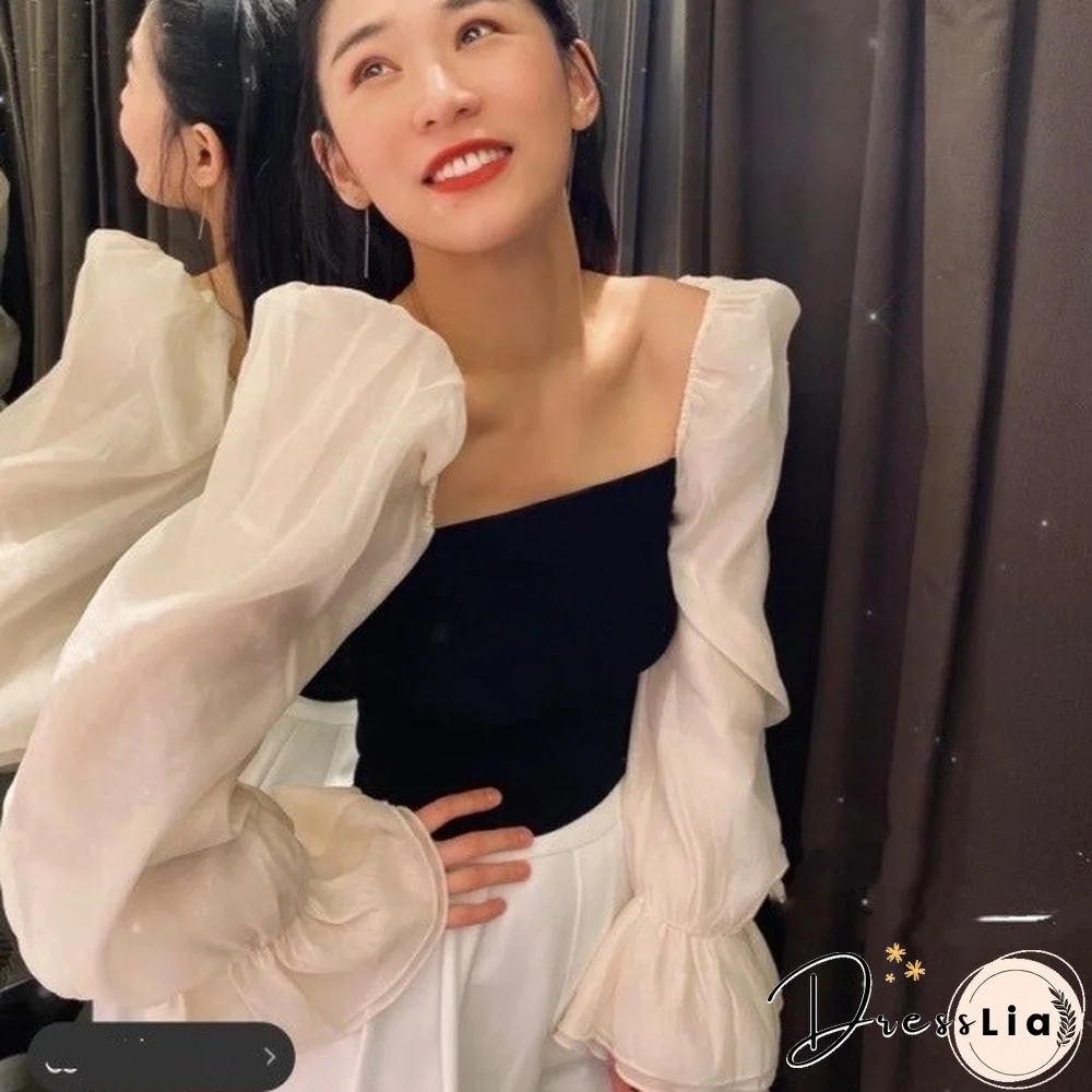 Women Elegant Blouses Puff Sleeve Patchwork Chic Chiffon Shirt Feminine Blouse Summer Pink Black Square Collar Knitted Top