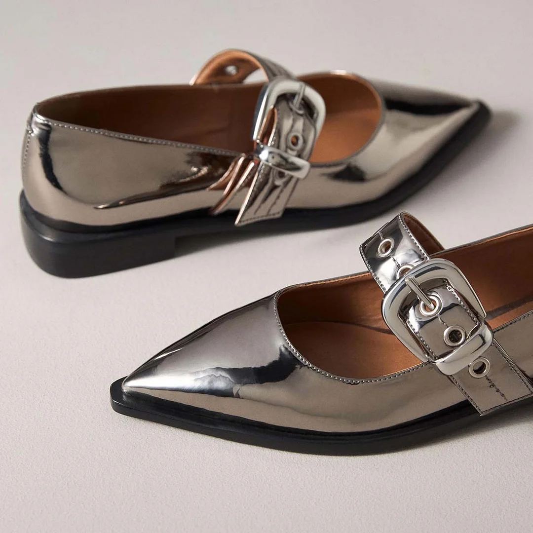 Silver Patent Buckle Strap Pointed Toe Flat Women Mary Jane Shoes