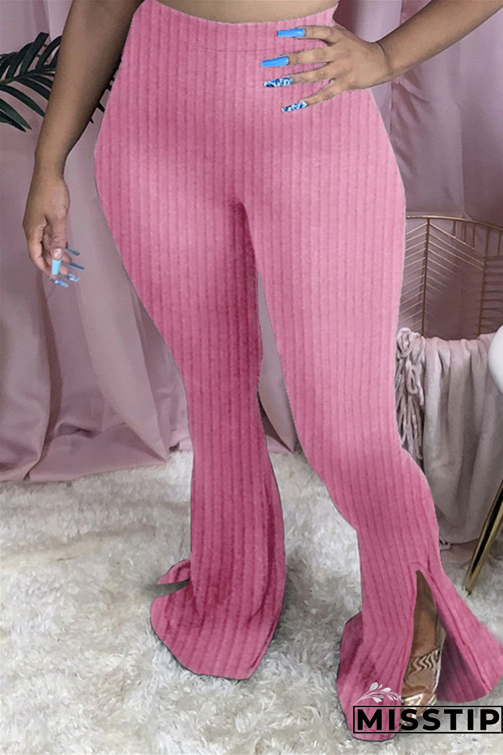 Pink Fashion Casual Boot Cut Solid Trousers