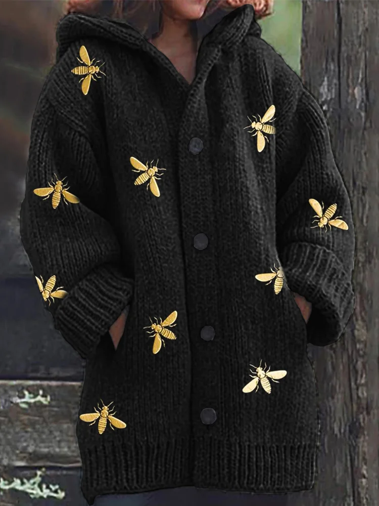 Comstylish Golden Bees Pattern Cozy Hooded Cardigan