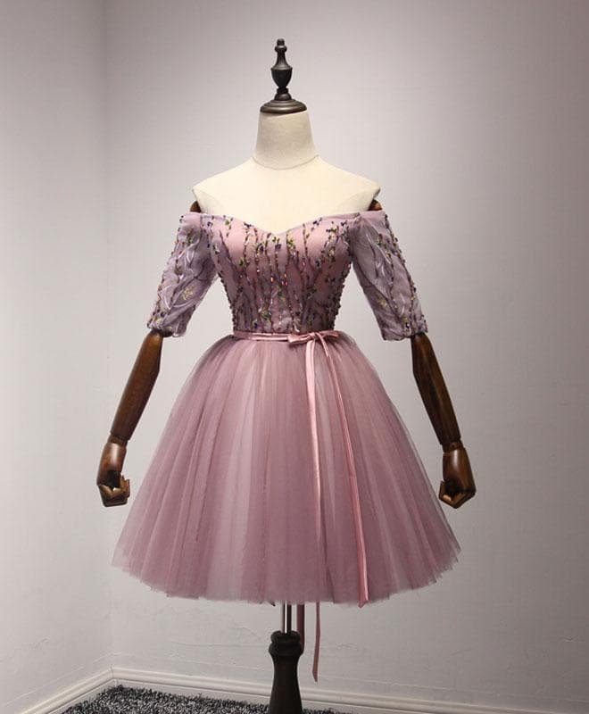 Cute Pink Tulle Lace Short Prom Dress