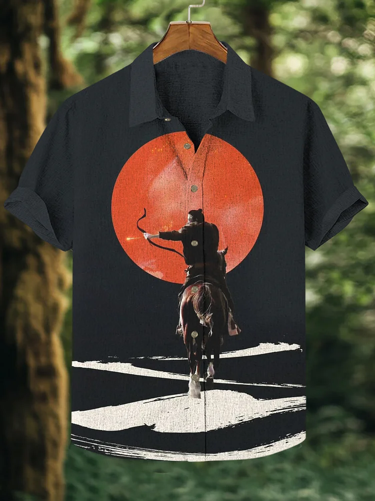Men's Japanese Samurai Ride Horses And Shoot Arrows Print Casual Shirt