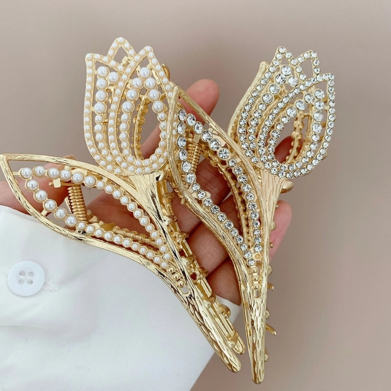 Women’s Luxurious Shiny Flower Tulip Metal Inlay Rhinestones Pearl Hair Claws