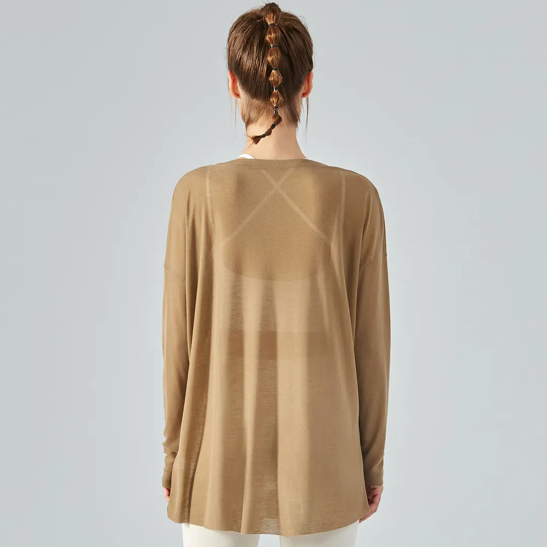 Hergymclothing Khaki Brown long sleeve one side slit lightweight thin running shirt for summer womens online shopping