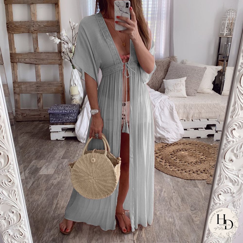 Summer Lace Cardigan Solid Color Holiday Style Dress Long Skirt