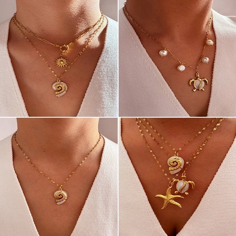 Retro Beach Tortoise Starfish Conch 316L Stainless Steel  Freshwater Pearl 18K Gold Plated Inlay Stainless Steel Necklaces