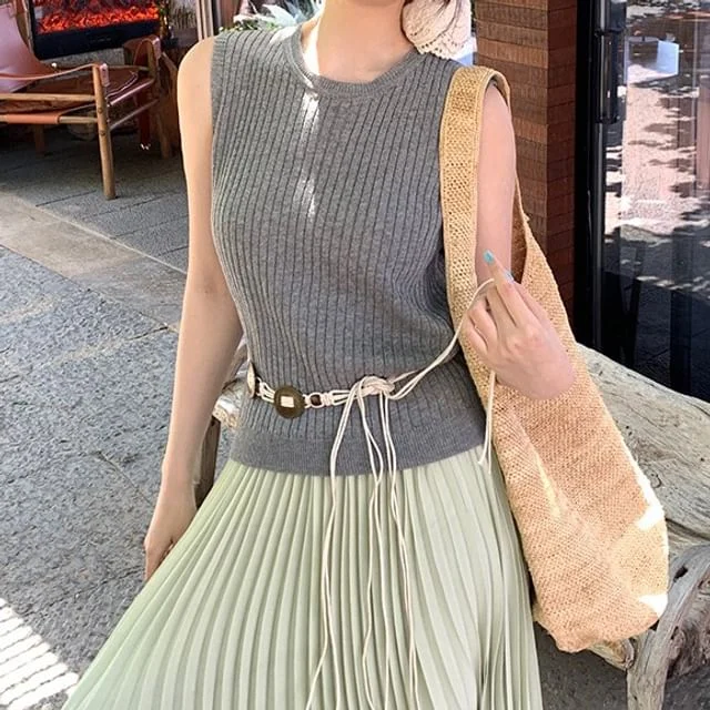 Neck Crew Ribbed Top Plain Sleeveless Knit