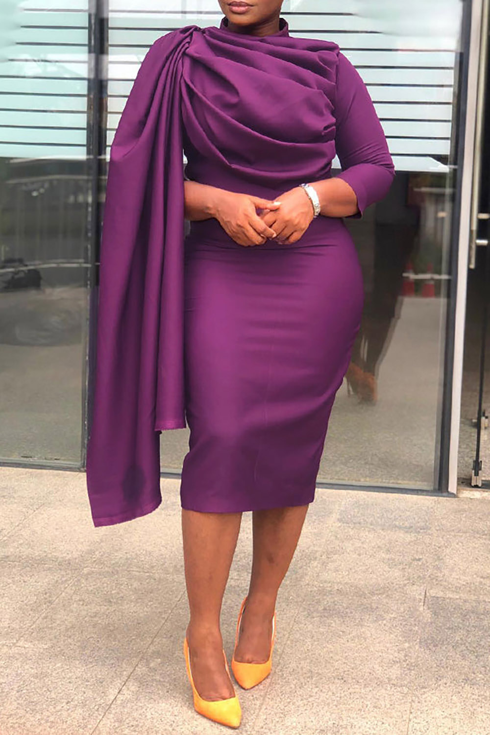 Plus Size Semi Formal Midi Dresses Elegant Purple Fall Winter Mock Neck 3/4 Sleeve Satin Midi Dresses