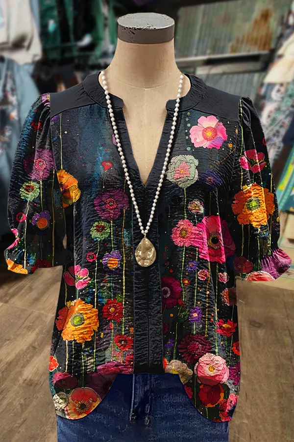 Art Floral Print V-Neck Top
