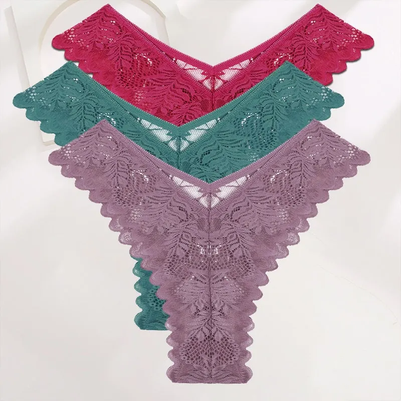 FINETOO 3PCS/Set Lace Gstring Panties Women Sexy M-XL Girls Thongs Perspective Temptation New Pantys Underwear Female Intimates