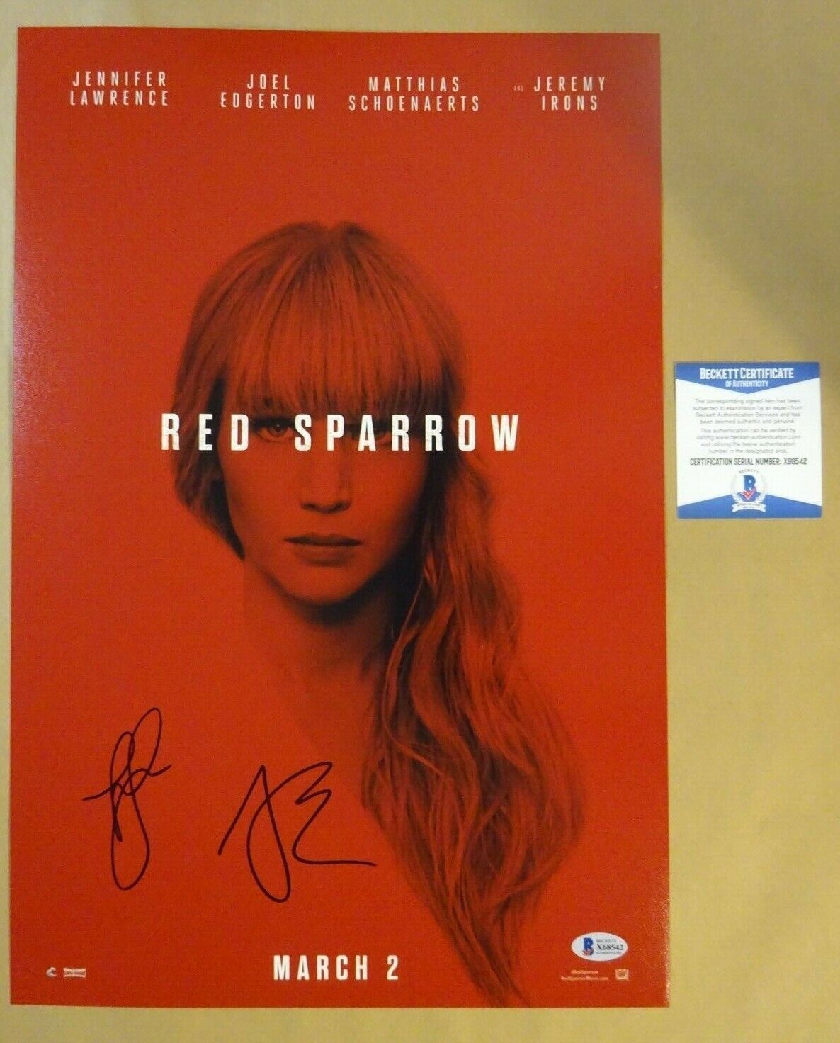 Signed FRANCIS LAWRENCE & JOEL EDGERTON RED SPARROW 12x18 Photo Poster painting BECKETT BAS COA