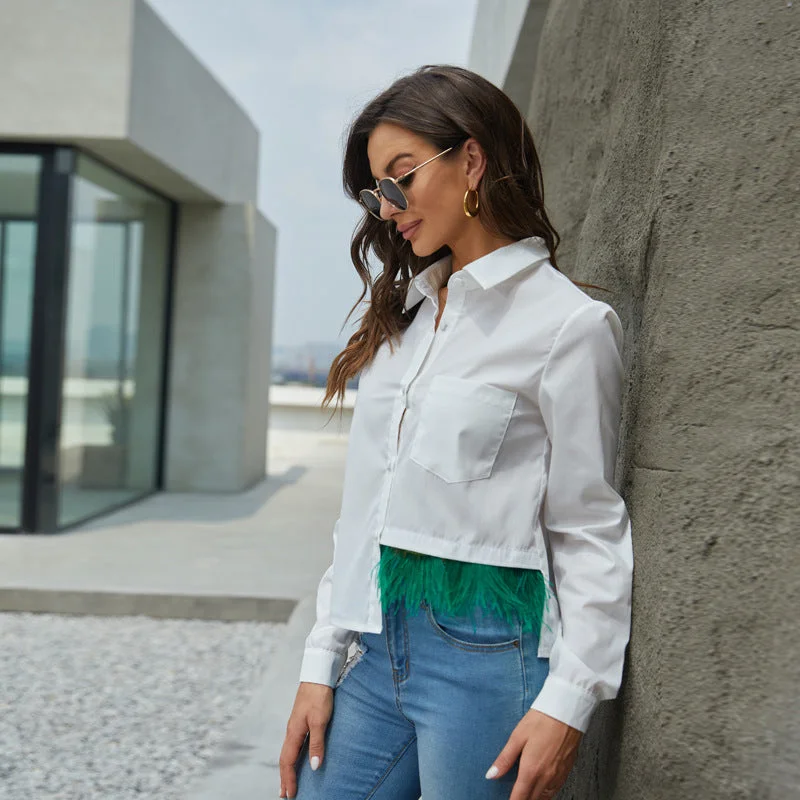 Back to school  Casual Long Sleeve Feather Patchwork White Shirt Women Spring Button Up Lapel Chic Blouse Streetwear Simple Crop Top Oversized