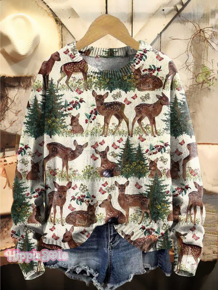 Christmas Tree Snow Deer Print Knit Pullover Sweater Multicolor / S