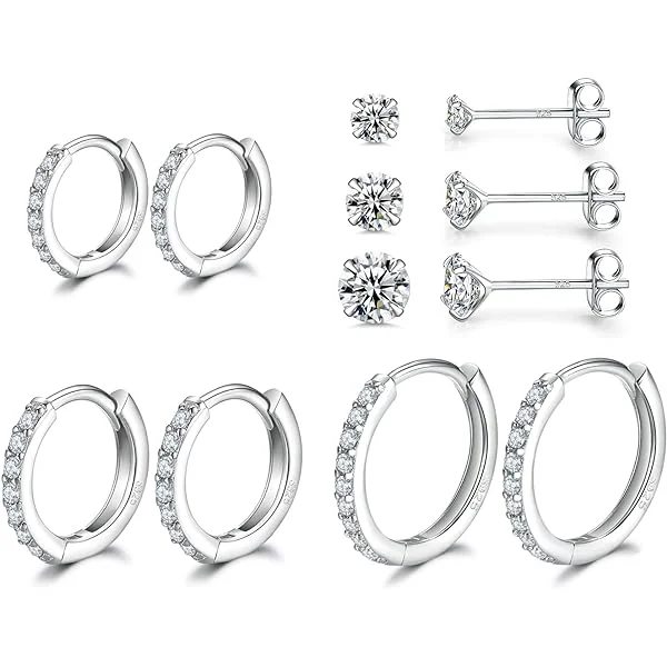 Sterling Silver Hoop Earrings | Sterling Silver Stud Earrings for Women - 6 Pairs Hypoallergenic Tiny Cubic Zirconia Stud Earrings Set & Cartilage Earring Hoops for Girl 1# hoop-8/10/12mm and stud-2/3/4mm