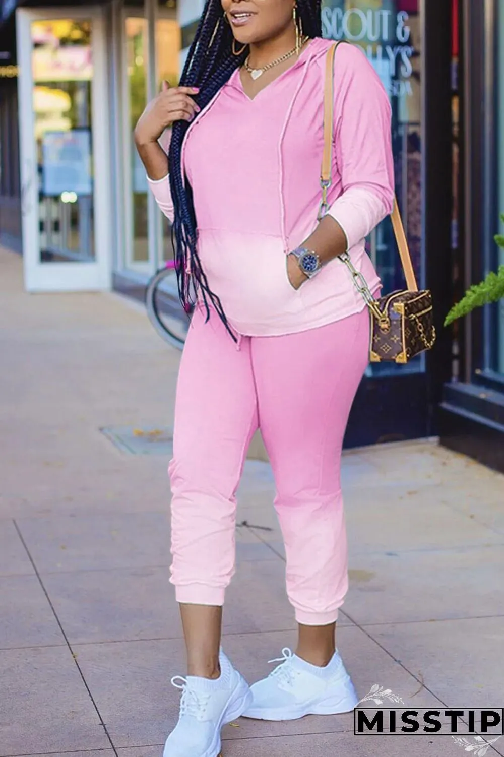 Pink Sportswear Gradual Change Hooded Collar Long Sleeve Two Pieces