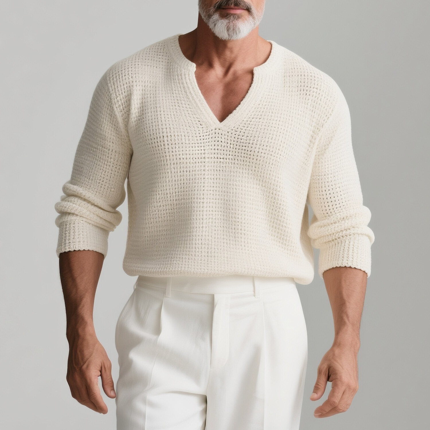 Men's Solid V Neck Long Sleeve Knit Pullover Sweater