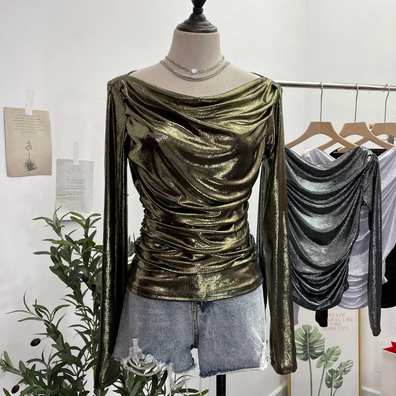 Uveng Real Shooting Stacking Long-Sleeved Pile Folded Shoulder T-Shirt Metal-Sclide T-Shirt 8888