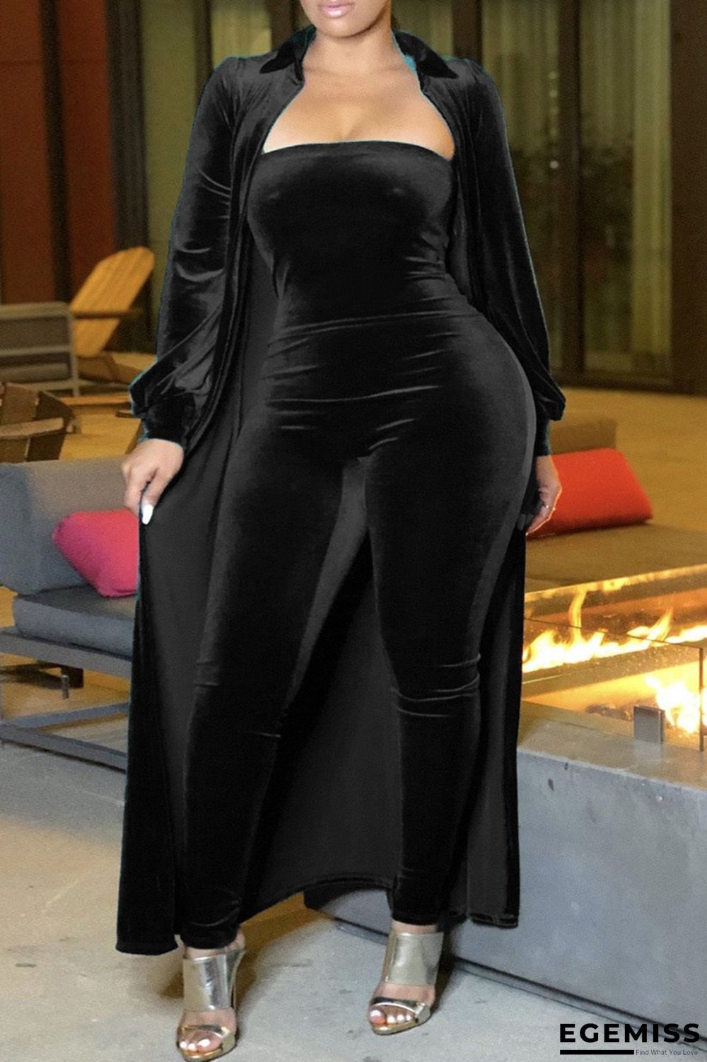 Black Fashion Casual Solid Cardigan Long Sleeve Two Pieces | EGEMISS