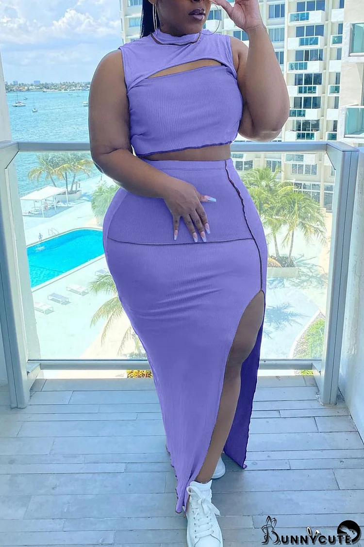 Purple Sexy Solid Hollowed Out Split Joint Slit O Neck Plus Size Two Pieces