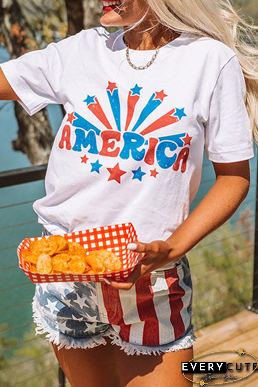 White AMERICA Stars Graphic Print Short Sleeve T Shirt