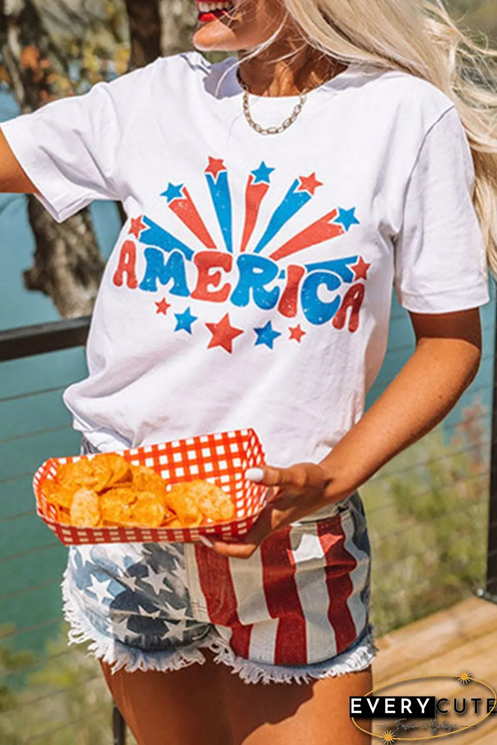 White AMERICA Stars Graphic Print Short Sleeve T Shirt
