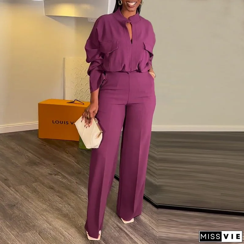 Plus Size Women Autumn Casual V-neck Loose Long Sleeve Top and Wide Leg Pants Two-piece Set