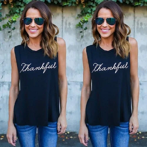 2020 Summer Top Womens Sleeveless Tank Top Black Round Neck Women  Regular Fit Wear Letter Printed T-shirt Tee