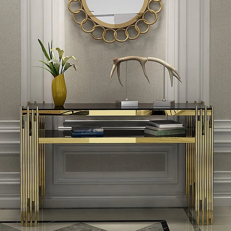 Homemys Luxury Black Faux Marble Rectangle Stainless Steel in Gold Narrow Console Table