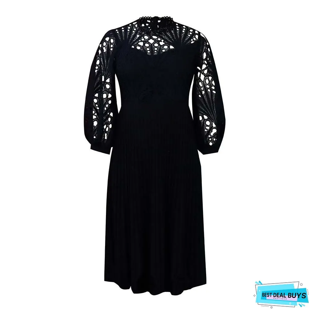 Large size lace crochet sexy openwork pleated dress dress