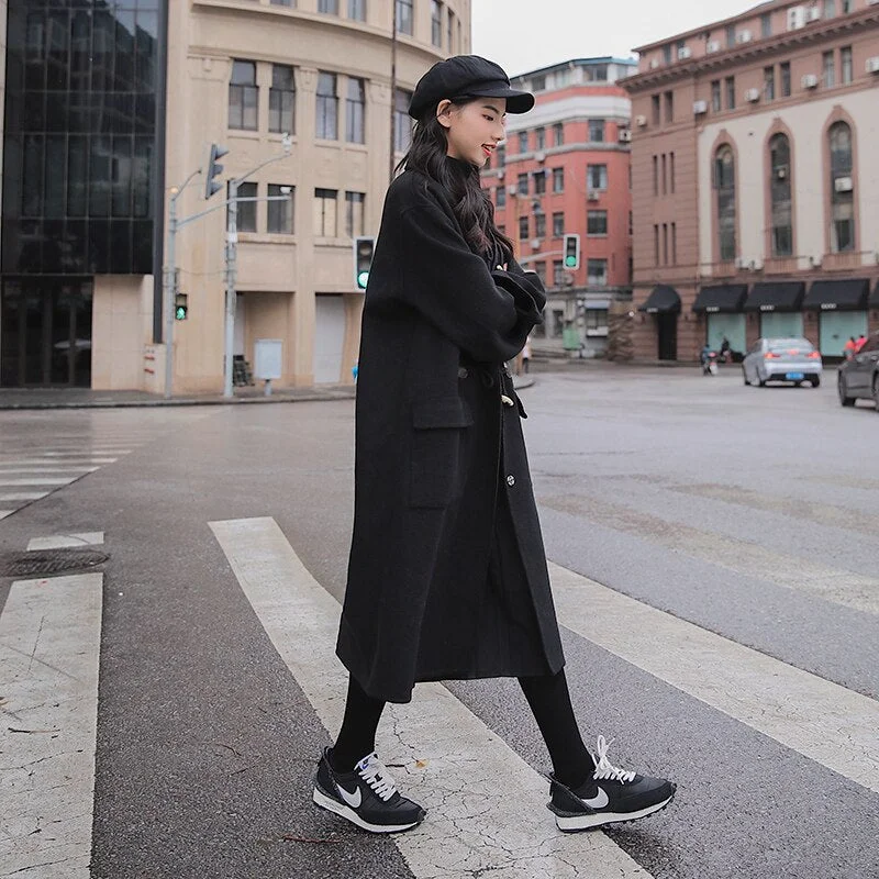 Brand New Long Women Overcoat Horn Button Wool Blend Coat for Lady Winter Outerwear Female Clothes Thick Warm Black