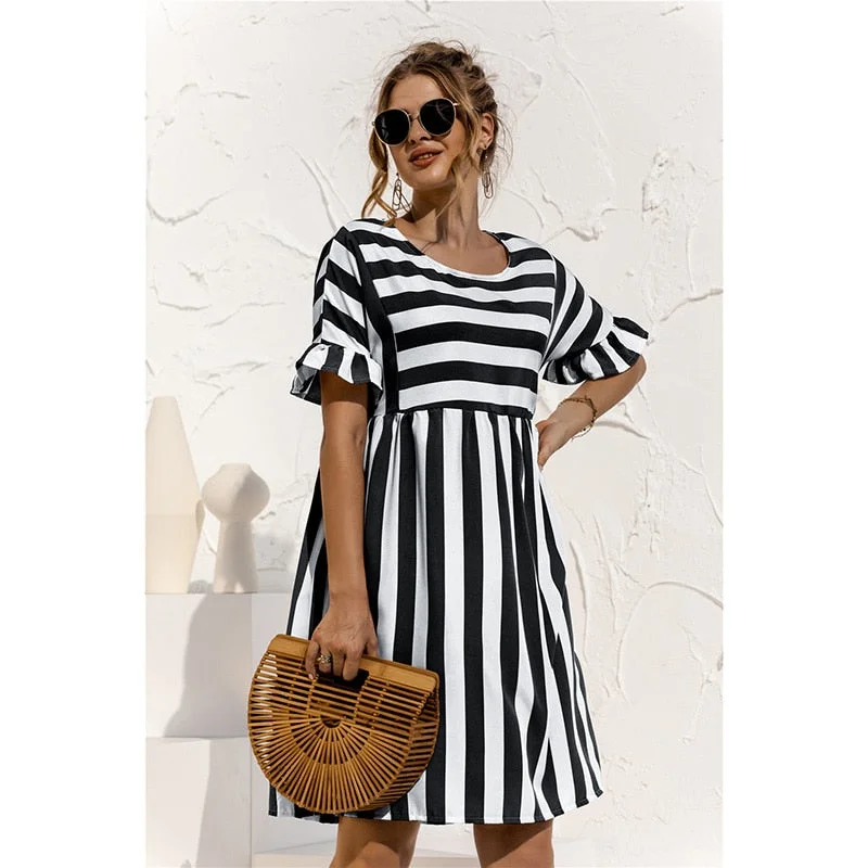 Back to school  Women Elegant Ruffle Sleeve Striped Patchwork A Line Dress 2022 Summer Casual High Waist O Neck Loose Pocket Dress Beach Wear