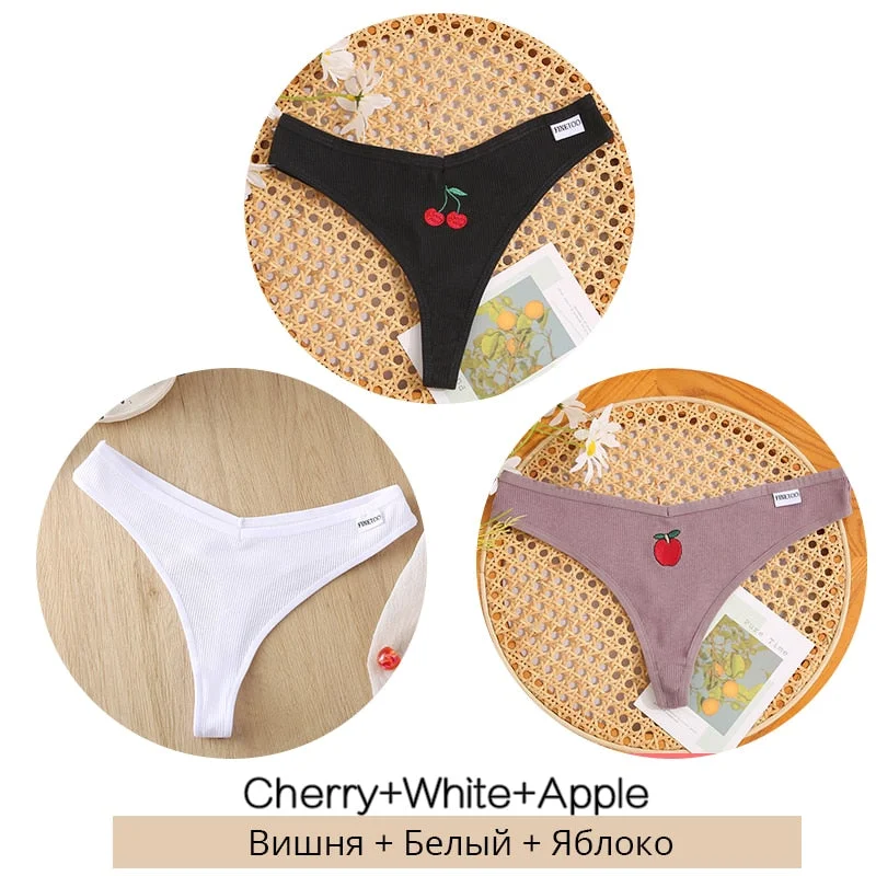 FINETOO Fruit Embroidery Thongs Women Cotton T-back Underpants M-XL Ladies G-string Sexy V Waist Underwear Bikini Panty Lingerie
