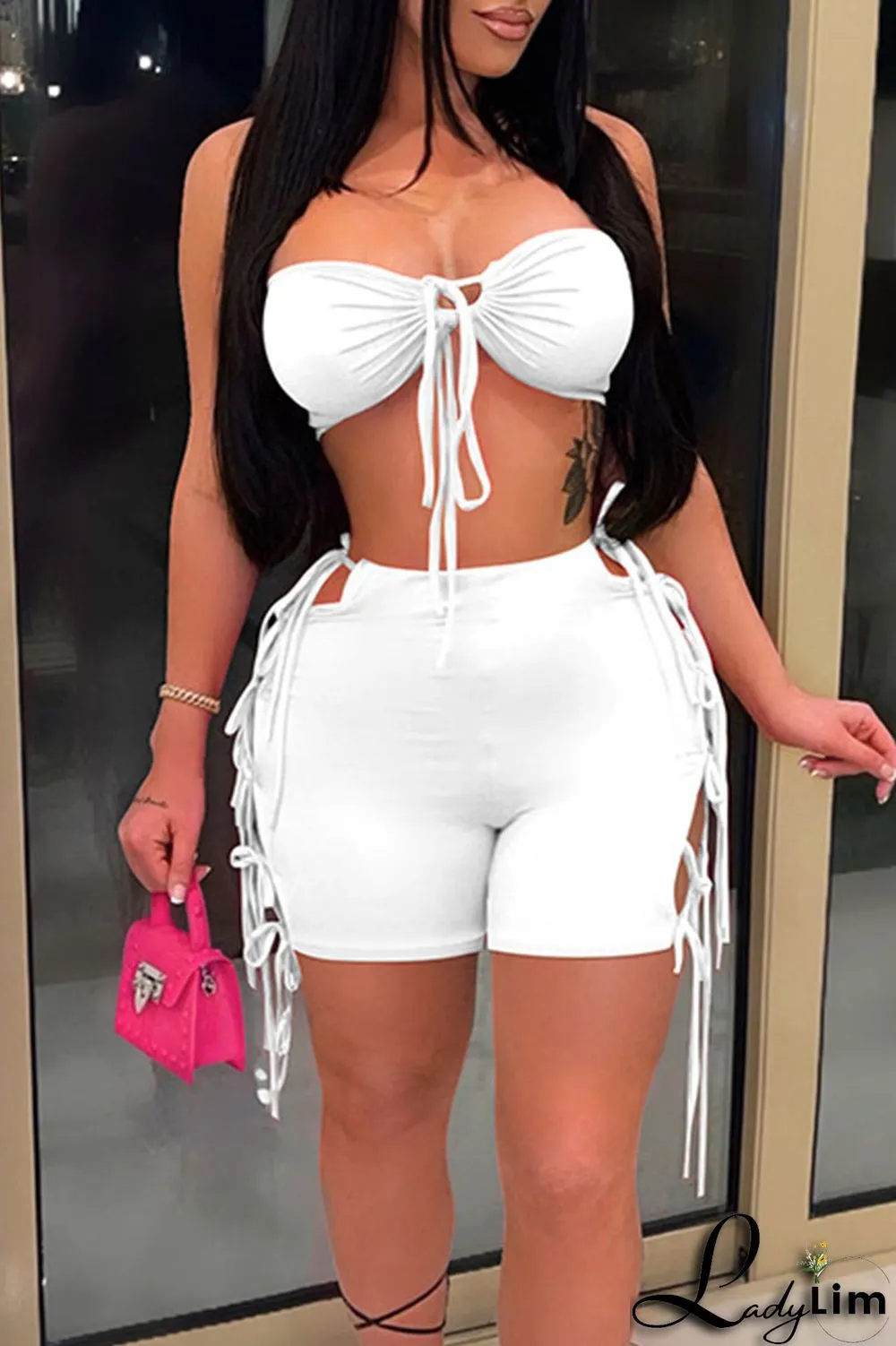 Red Sexy Solid Split Joint Frenulum Strapless Sleeveless Two Pieces