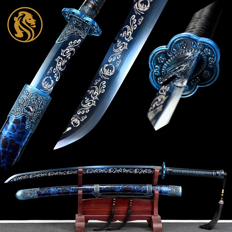 blu sheath anime katana,blue carving tsuba katana,bake blue Pattern knife Japan handmadekatana swords,best long katana,cosplay Samurai sword