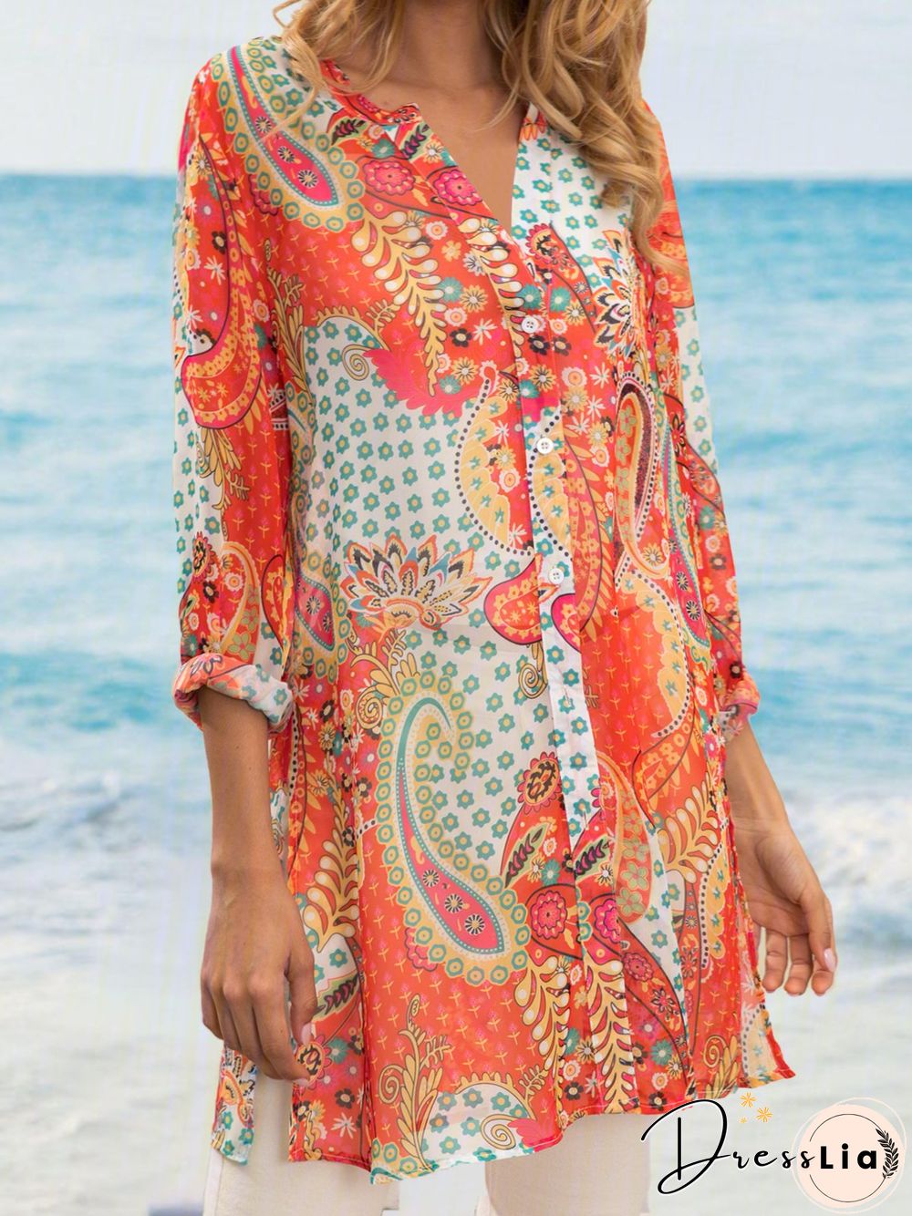 Geometric V Neck Long Sleeve Blouse & Shirts