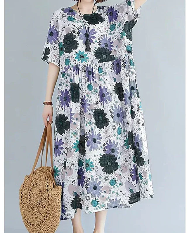 Women's Swing Dress Maxi Long Dress - Short Sleeve Floral Patchwork Print Summer Fall Elegant Casual Blue Red Green