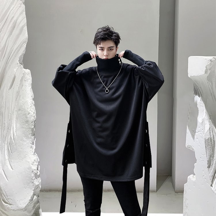 Dawfashion-Dark Black Metal Button Ribbed Stand Collar Loose Long Sleeve Sweatshirt-Yamamoto Diablo Clothing