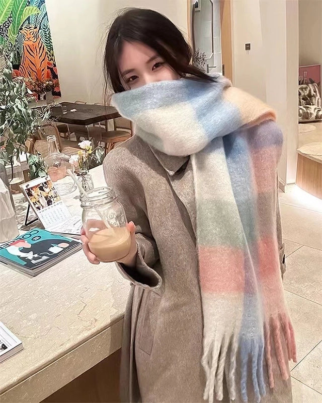 Knock On The Beauty Drop ~ A Big Love Thick Braid Rainbow Checkered Color Matching Scarf Winter Cashmere Plaid Tassel Shawl