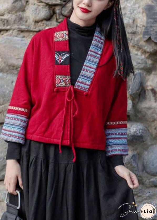 Handmade Red V Neck Embroideried Lace Up Warm Fleece Jacket Winter
