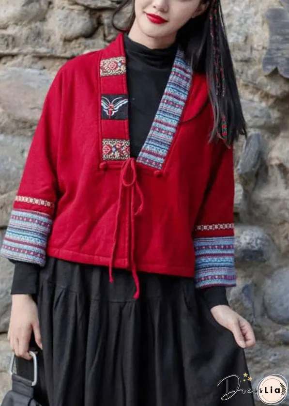 Handmade Red V Neck Embroideried Lace Up Warm Fleece Jacket Winter