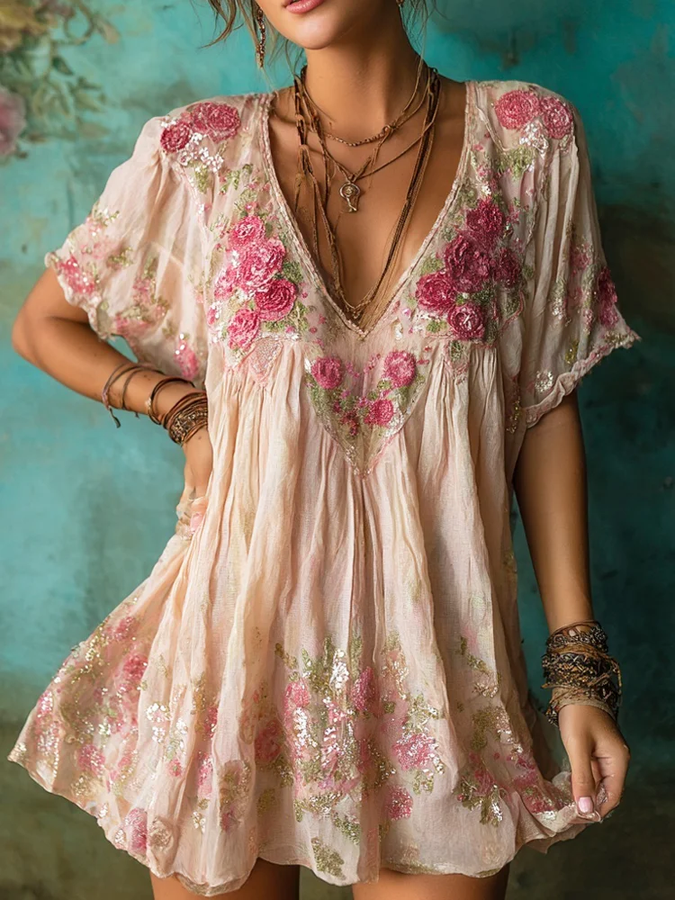 VChics Vintage Boho Flower Embroidery Women's V-neck Loose Mini Dress