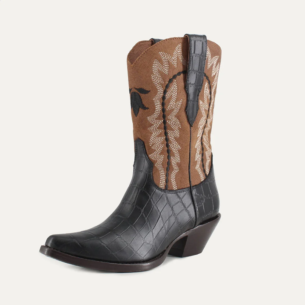 Black & Brown Croc Embossed Snip Toe Embroidered Cowgirl Boots