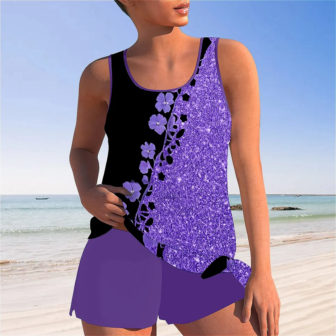 Bowknot Purple,Floral,Glitter Mid Waisted Tankini Set - Plus Size Available