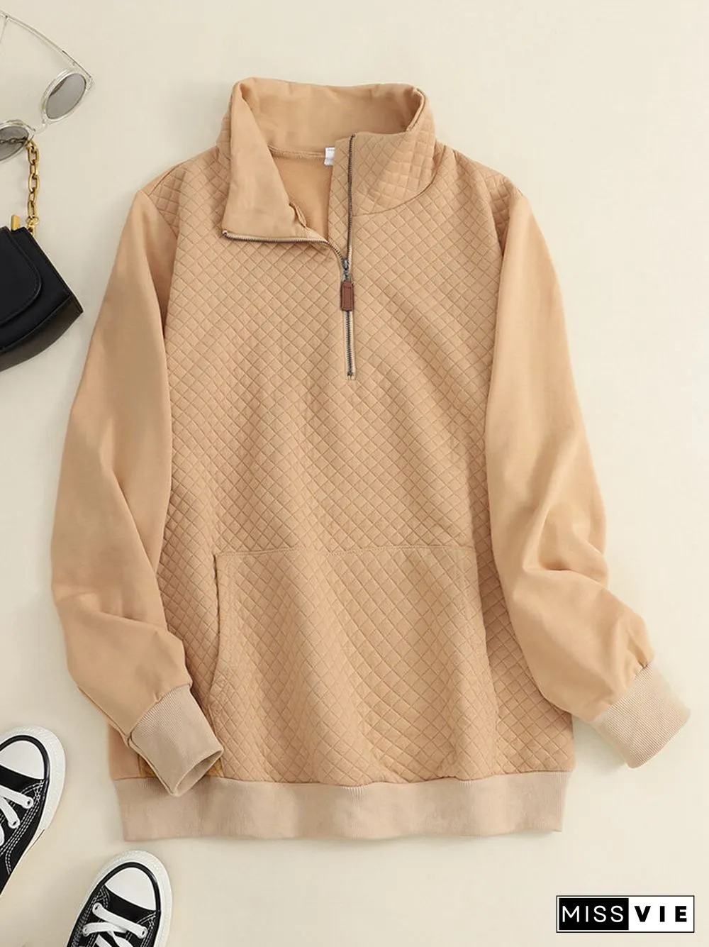 Solid Zip Front Pocket Long Sleeve Lapel Women Sweatshirt