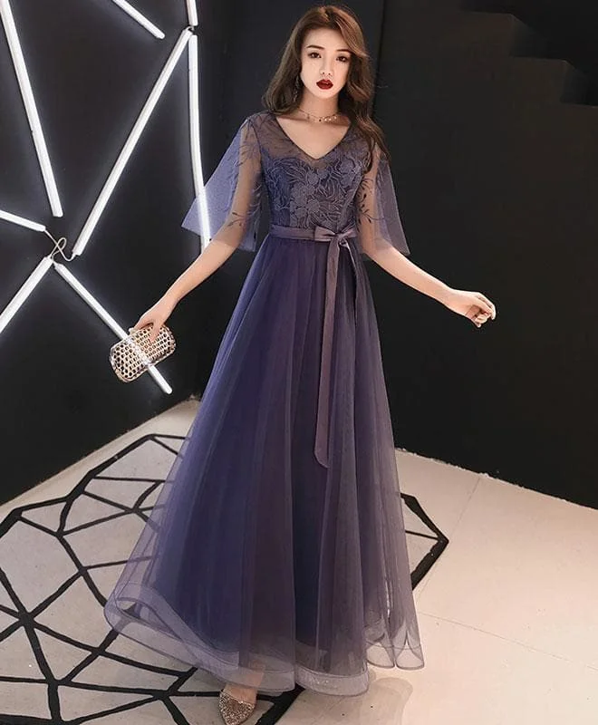 Elegant A-Line Tulle Lace Prom Dress Purple Tulle Formal Dress