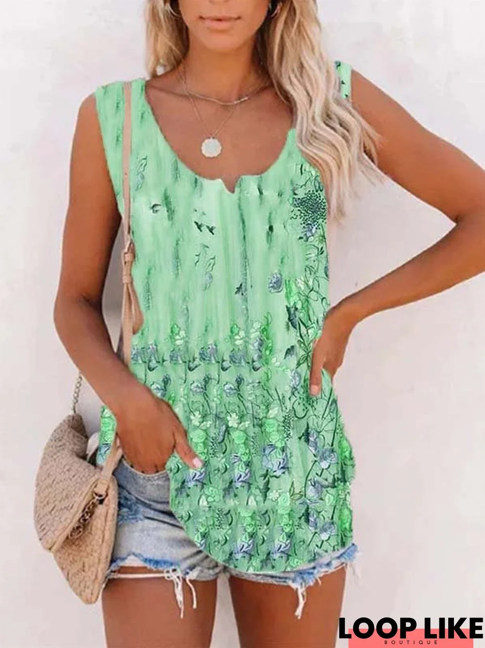 V Neck Loose Casual Printed Tunic Tank & Cami