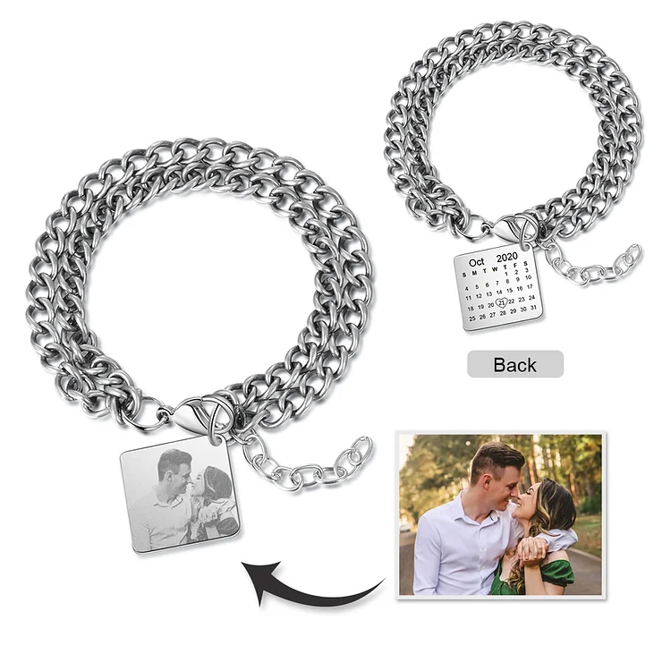 Men Custom Bracelet With Square Photo Pendant Personalized With Calendar Link Chains