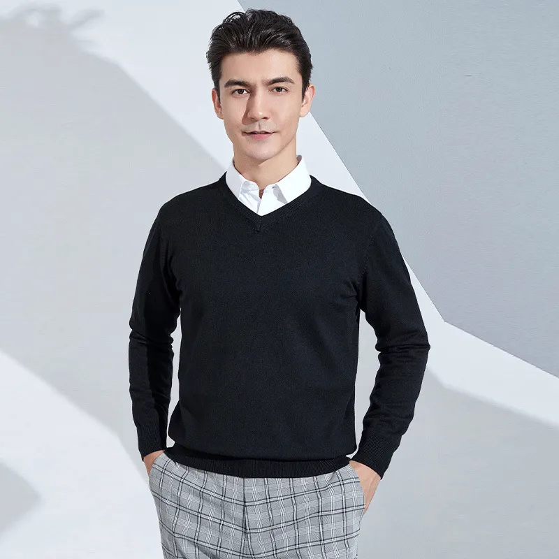 Churchf Churchf And Winter New Men's V Collar Loose Large Size Gentleman Sleeve Long Sleeve Sweater Middle-Aged Knit Chicken Heart Collar Bottom Shirt